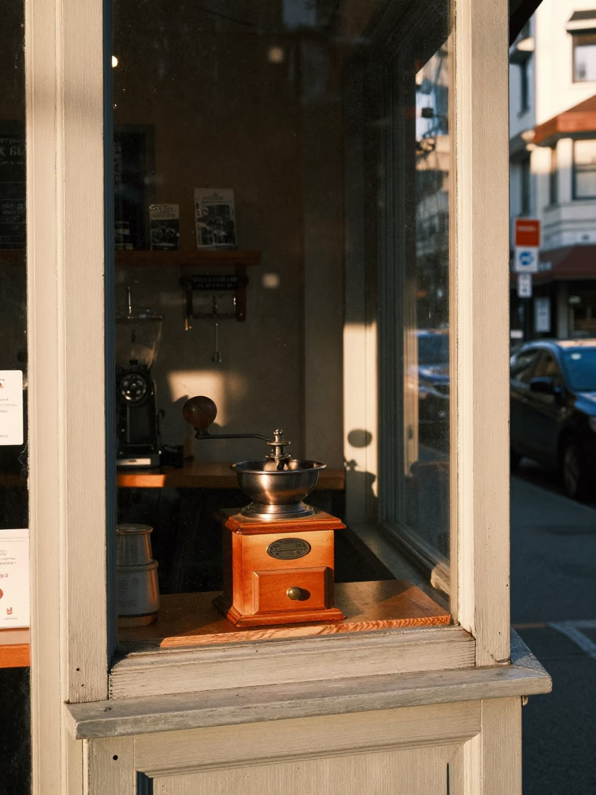 Vancouver British Columbia Late Afternoon Street Scene with Vintage Coffee Grinder and Urban Details in in Vancouver, British Columbia, Canada