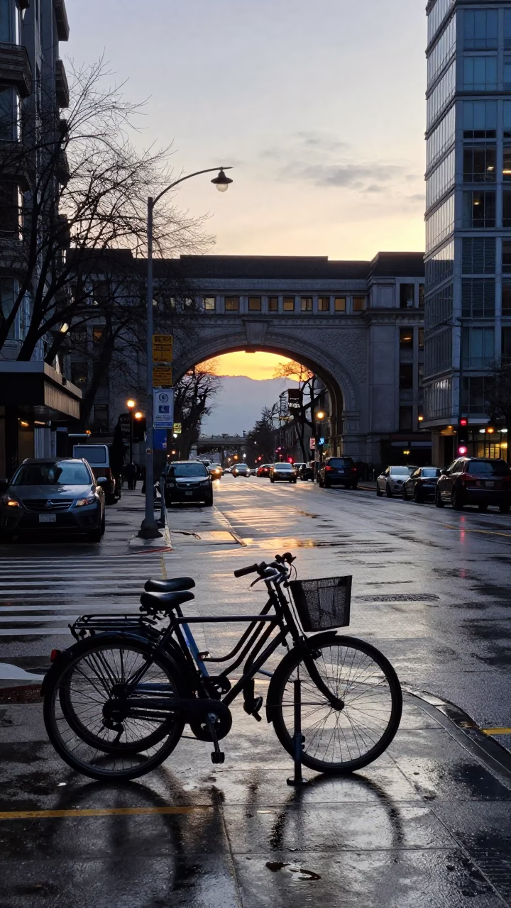 Vancouver British Columbia Nautical Dawn Street Scene with Wet Bicycle Rack and University Archway in in Vancouver, British Columbia, Canada