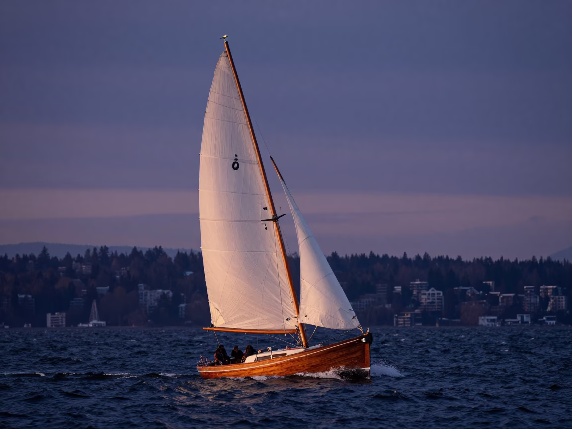 Vancouver British Columbia Nautical Dawn Waterfront Sailboat Heeling in Strong Wind in in Vancouver, British Columbia, Canada