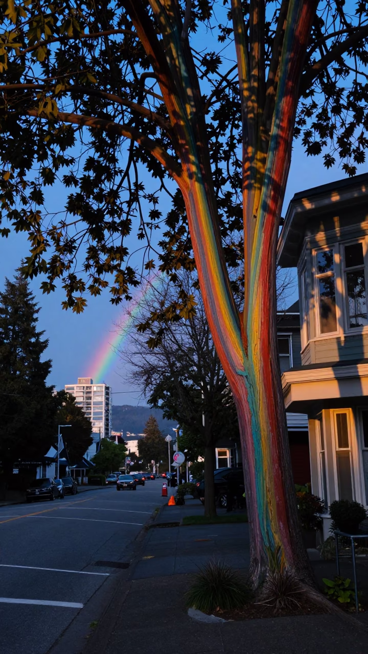 Vancouver British Columbia pre-dawn street scene with rainbow eucalyptus and vintage car rally in in Vancouver, British Columbia, Canada