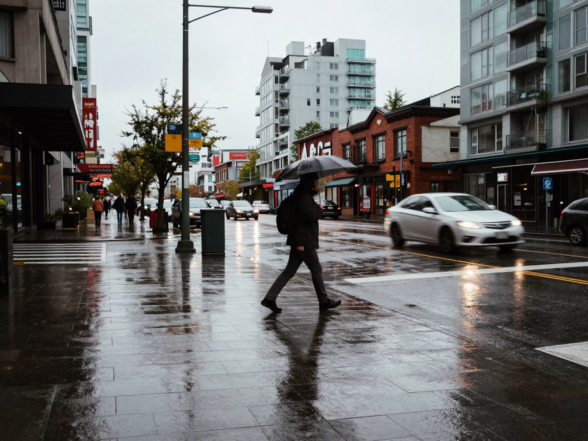 Vancouver British Columbia Rainy Afternoon Street Scene with Wet Flagstones and Umbrellas in in Vancouver, British Columbia, Canada