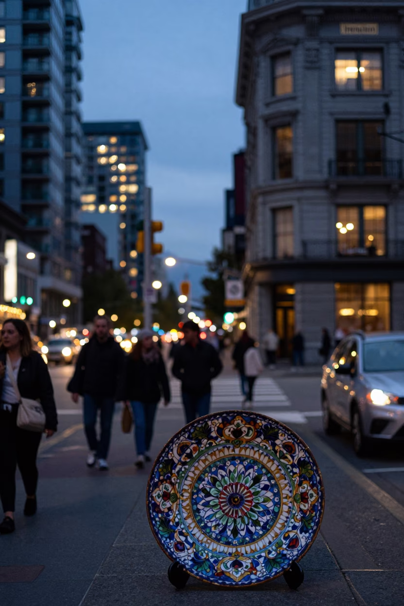Vancouver British Columbia Street Scene at Dusk with Vintage Majolica Plate Detail in in Vancouver, British Columbia, Canada