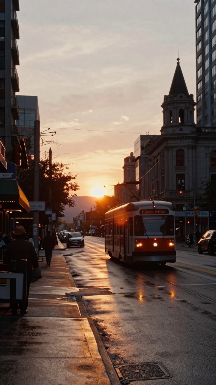 Vancouver British Columbia street scene at sunset with tram and historic architecture in in Vancouver, British Columbia, Canada