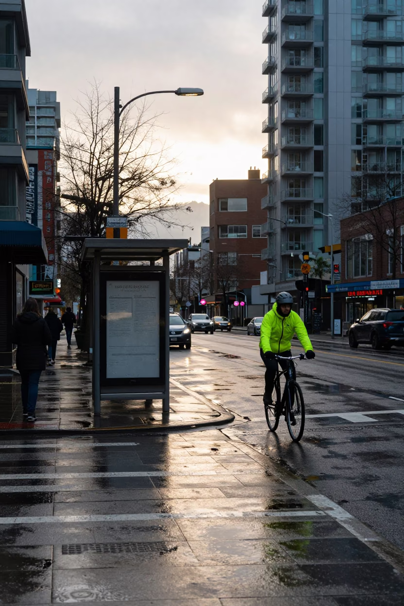 Vancouver British Columbia street scene just after sunrise with local urban details in in Vancouver, British Columbia, Canada