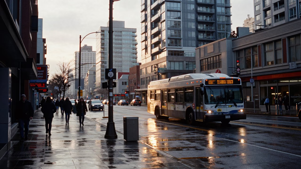 Vancouver British Columbia Street Scene Just After Sunrise with Urban Morning Activity in in Vancouver, British Columbia, Canada