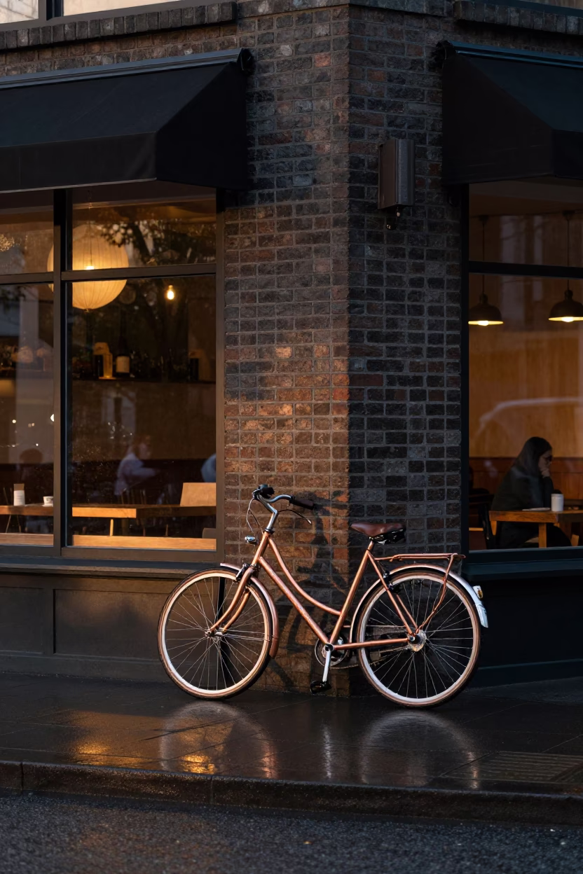 Vancouver British Columbia street scene with bicycle leaning against cafe in copper dusk light in in Vancouver, British Columbia, Canada