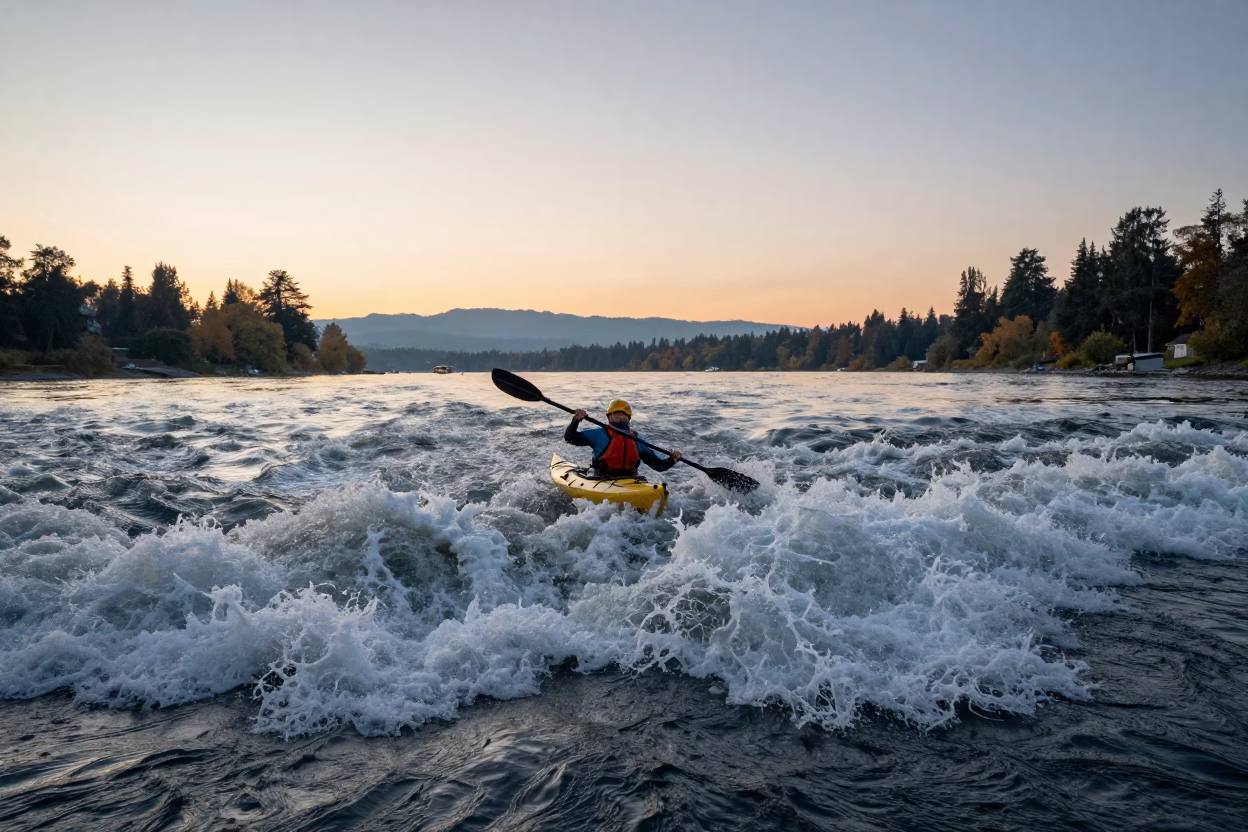 Vancouver British Columbia Sunrise Waterfront Kayaker Rolling in Whitewater Foam in in Vancouver, British Columbia, Canada