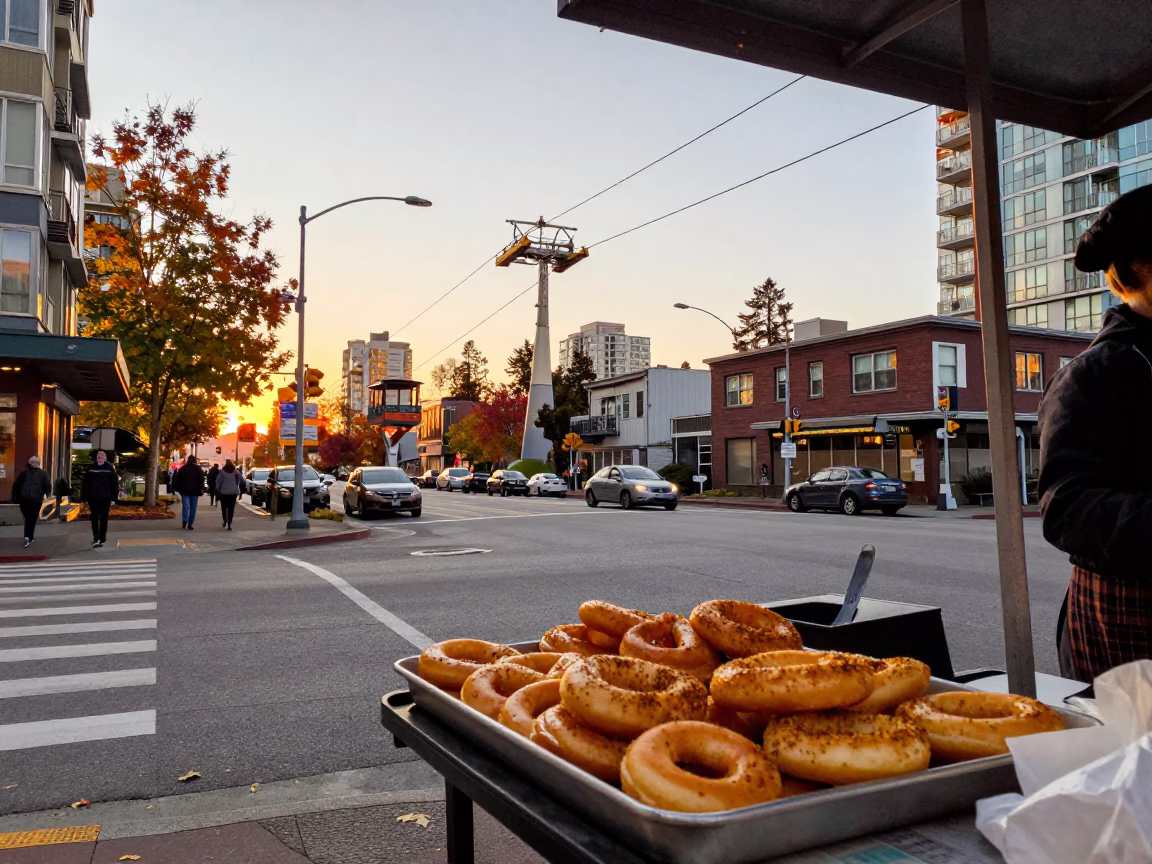 Vancouver British Columbia Sunset Street Scene with Gondola Lift and Autumn Mist in Background in in Vancouver, British Columbia, Canada
