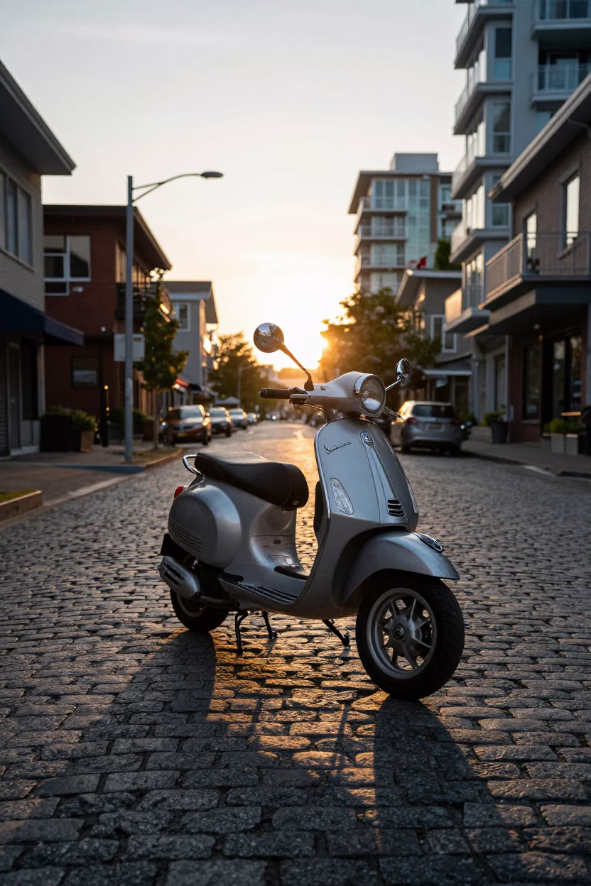 Vancouver British Columbia Sunset Street Scene with Vintage Vespa and Cobblestone Lane in in Vancouver, British Columbia, Canada