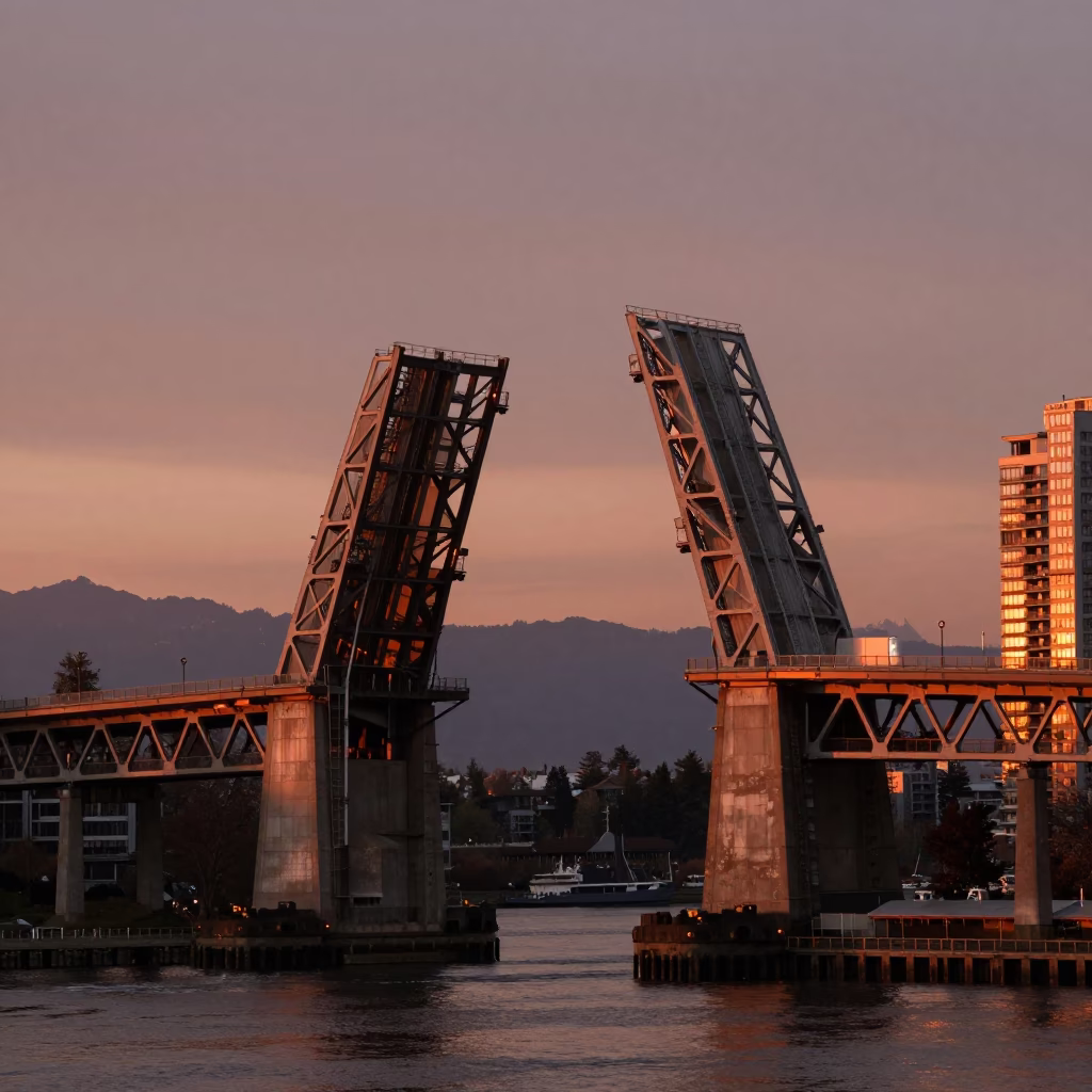 Vancouver Burrard Street Bridge Lift in Copper Dusk Light with City Skyline in in Vancouver, British Columbia, Canada