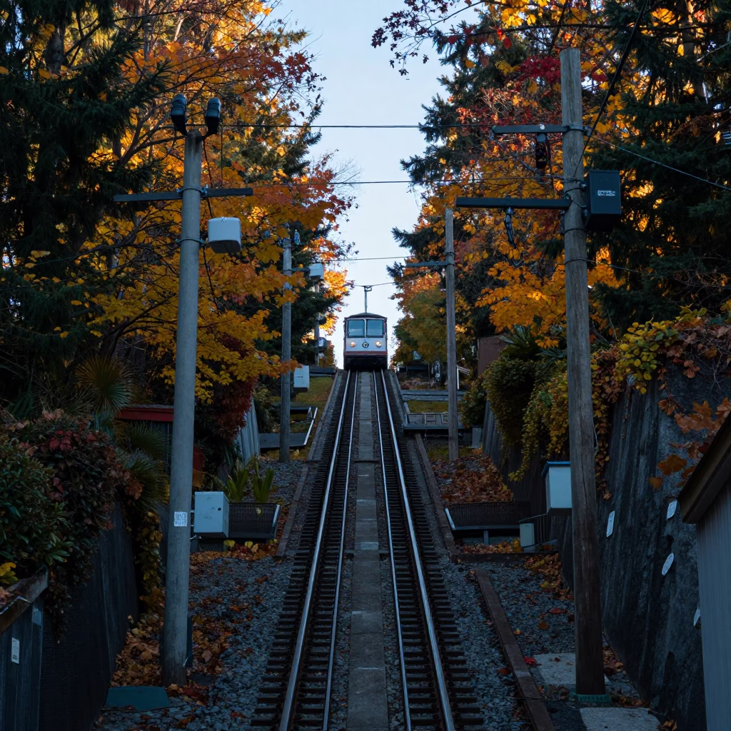 Vancouver Burrard Street Incline Funicular Railway Rising Through Autumn Vines at Pre-Dawn in in Vancouver, British Columbia, Canada