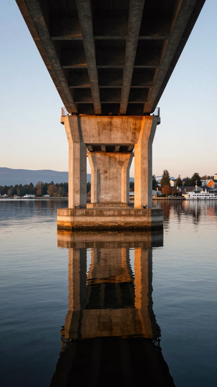 Vancouver Canada Golden Hour Bridge Pier Reflection in Still Water in in Vancouver, British Columbia, Canada