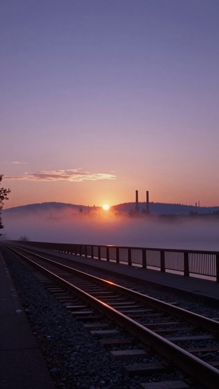 Vancouver Catenary Rails and Industrial Fog at Sunset Horizon in in Vancouver, British Columbia, Canada
