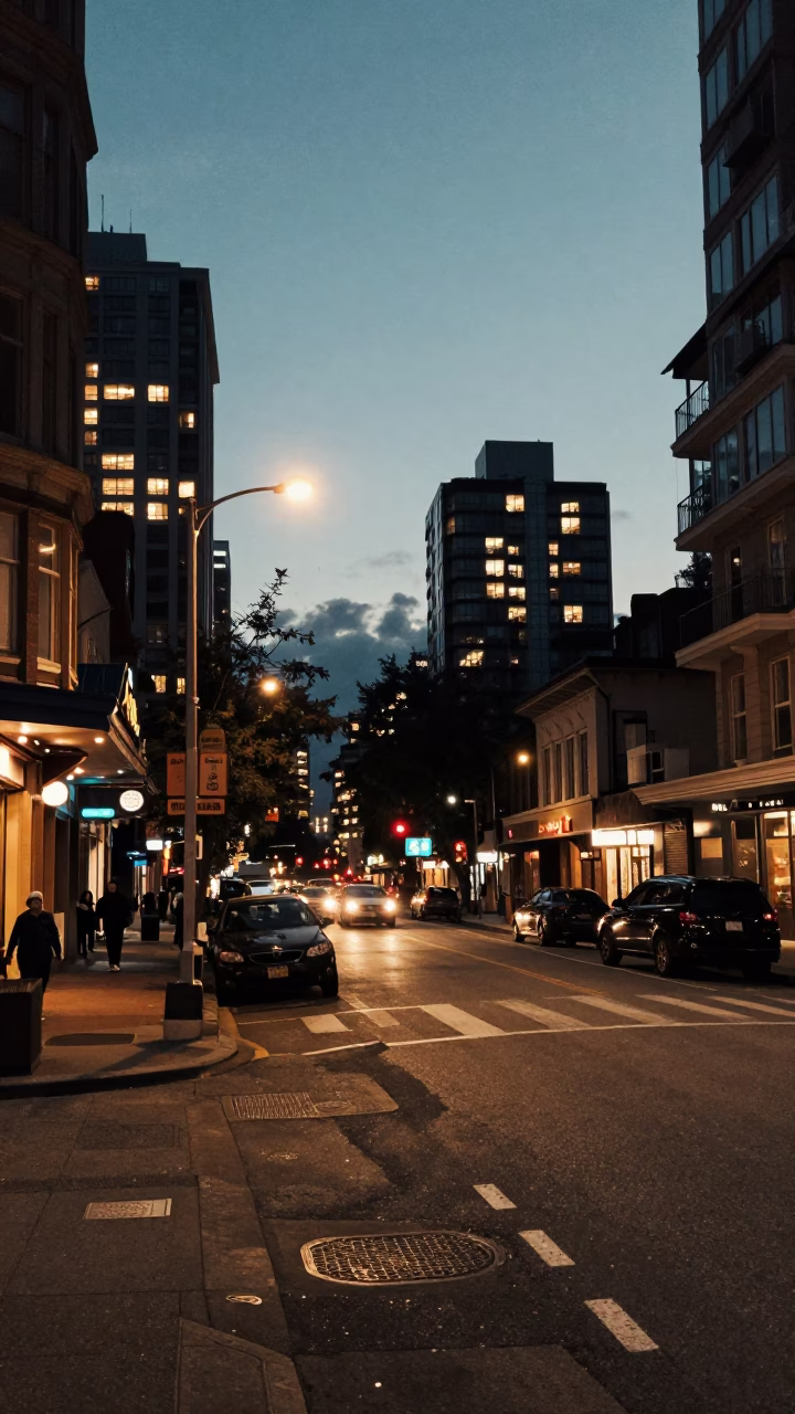 Vancouver City Lights Glow Evening Street Scene with Retro Elements in in Vancouver, British Columbia, Canada