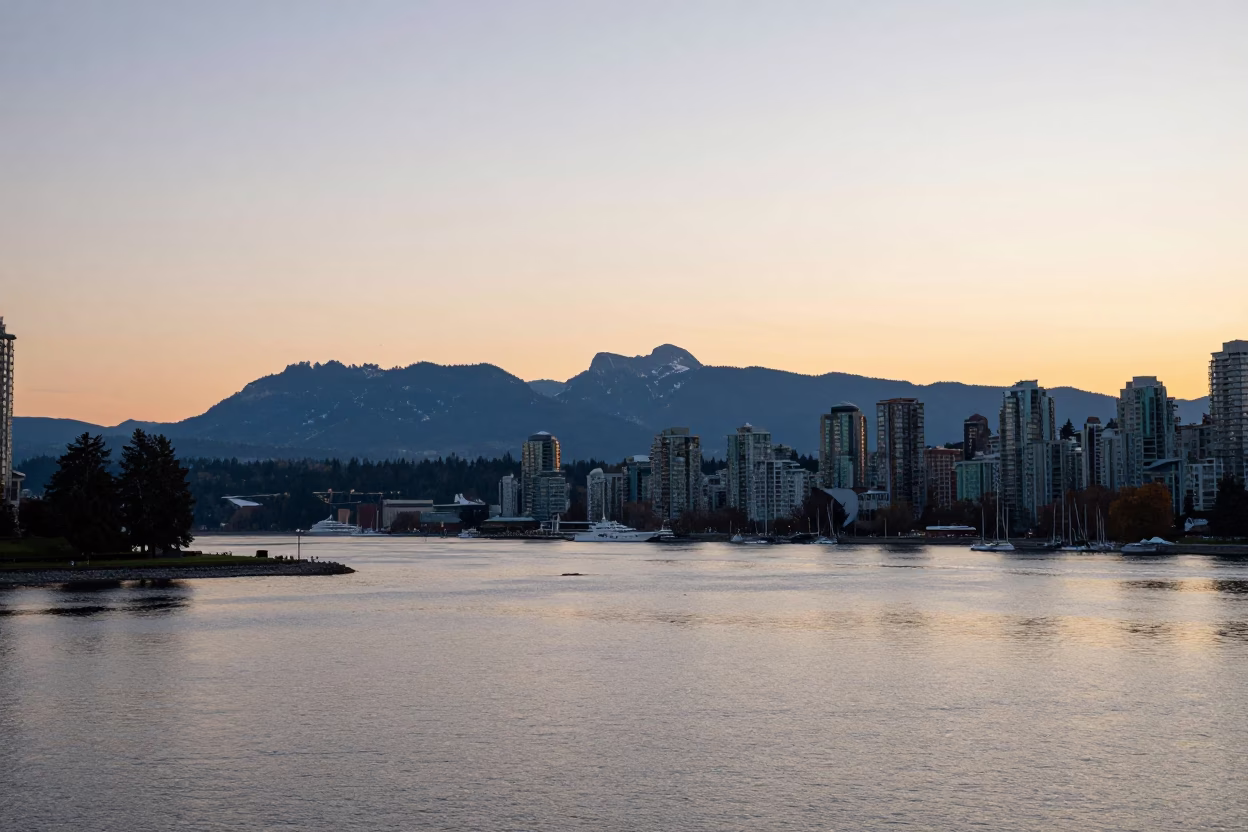 Vancouver Coal Harbour And North Shore Mountains at Sunset Light in in Vancouver, British Columbia, Canada