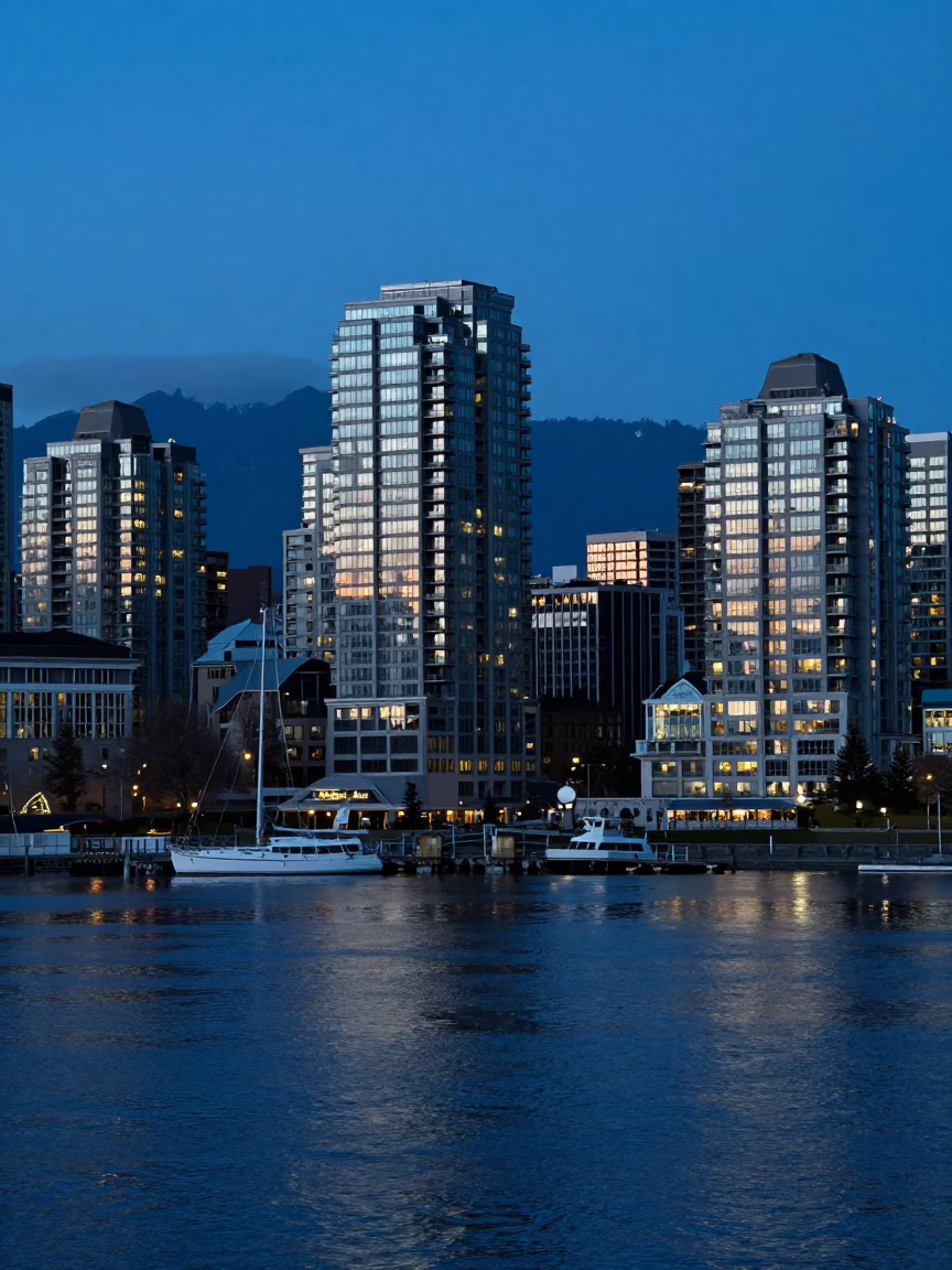 Vancouver Coal Harbour at The Last Blue Light Of Evening in in Vancouver, British Columbia, Canada