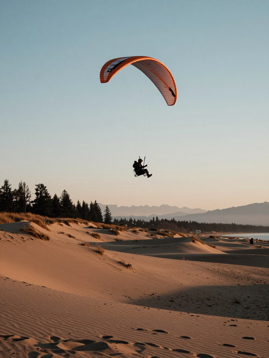Vancouver Coastal Sand Dunes Paramotor Flying Copper Toned Light Before Dusk in in Vancouver, British Columbia, Canada