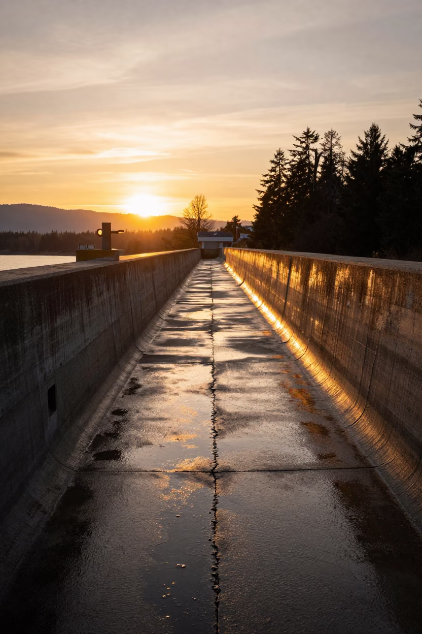 Vancouver Dam Inspection Gallery Dripping Concrete Seams Golden Sunset Light in in Vancouver, British Columbia, Canada