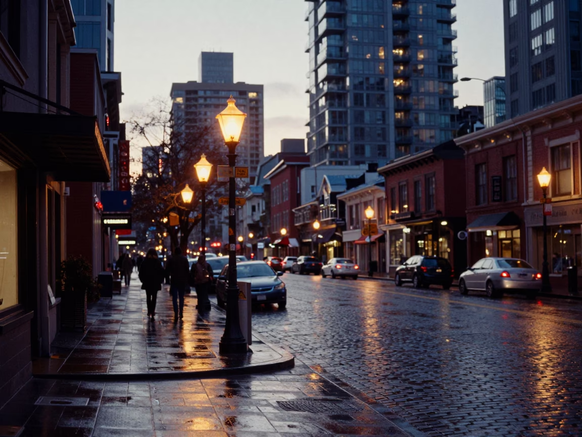 Vancouver Dawn Street Scene with Coffee Thermos and City Lights Before Sunrise in in Vancouver, British Columbia, Canada