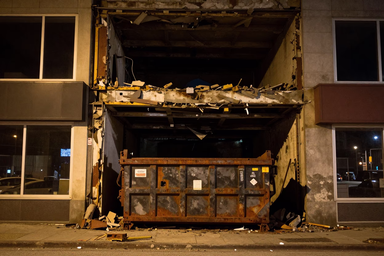 Vancouver Demolition Site at Night with Dumpster and Rusty Facade in in Vancouver, British Columbia, Canada