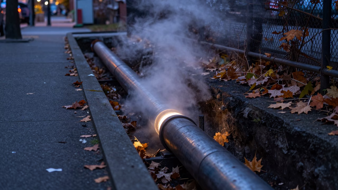 Vancouver District Heating Pipe Trench Steaming Through Autumn Leaves at Predawn in in Vancouver, British Columbia, Canada