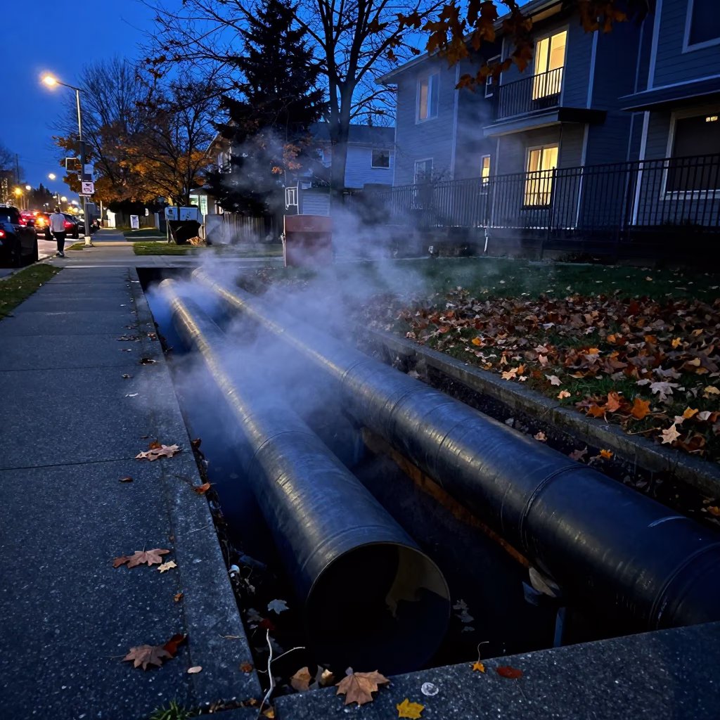 Vancouver District Heating Pipe Trench Steaming Through Autumn Leaves at Twilight in in Vancouver, British Columbia, Canada