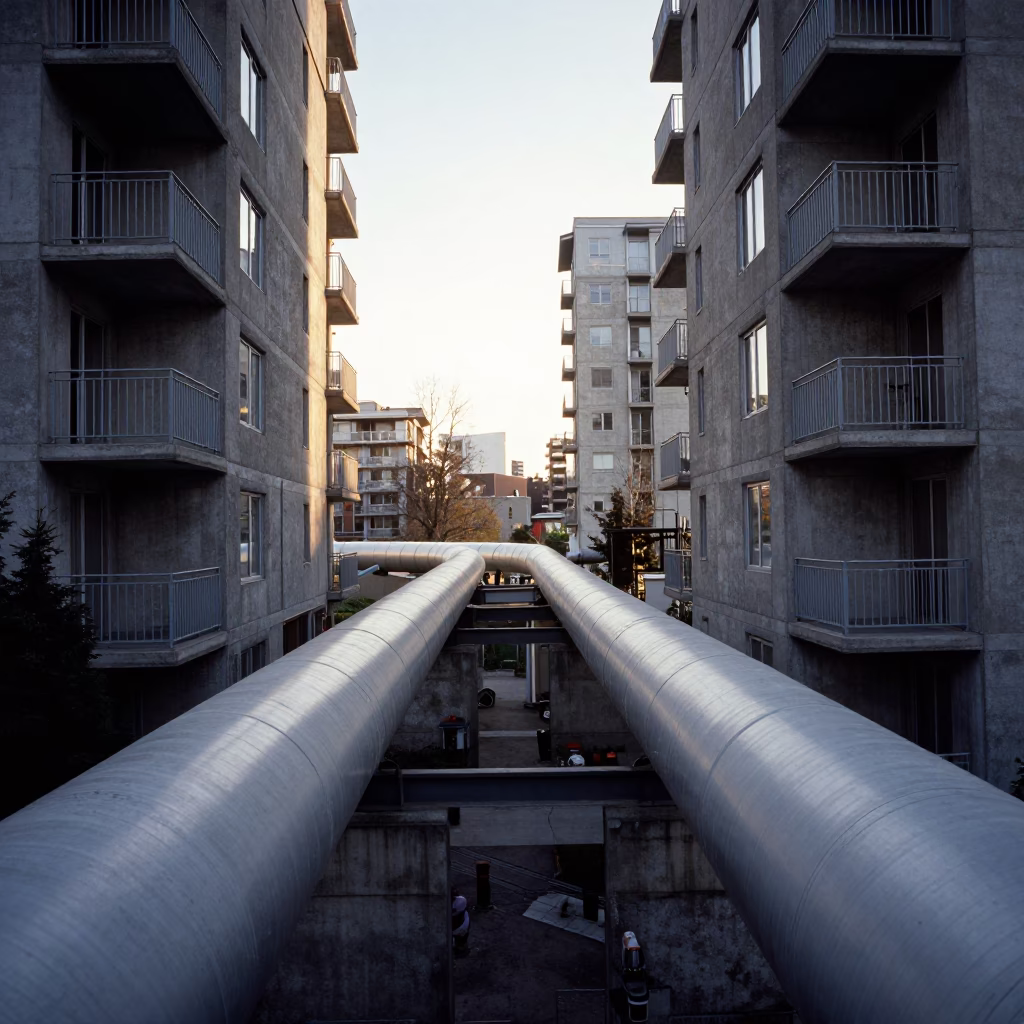 Vancouver District Heating Pipes Crossing Between Concrete Apartment Blocks in Late Afternoon Light in in Vancouver, British Columbia, Canada