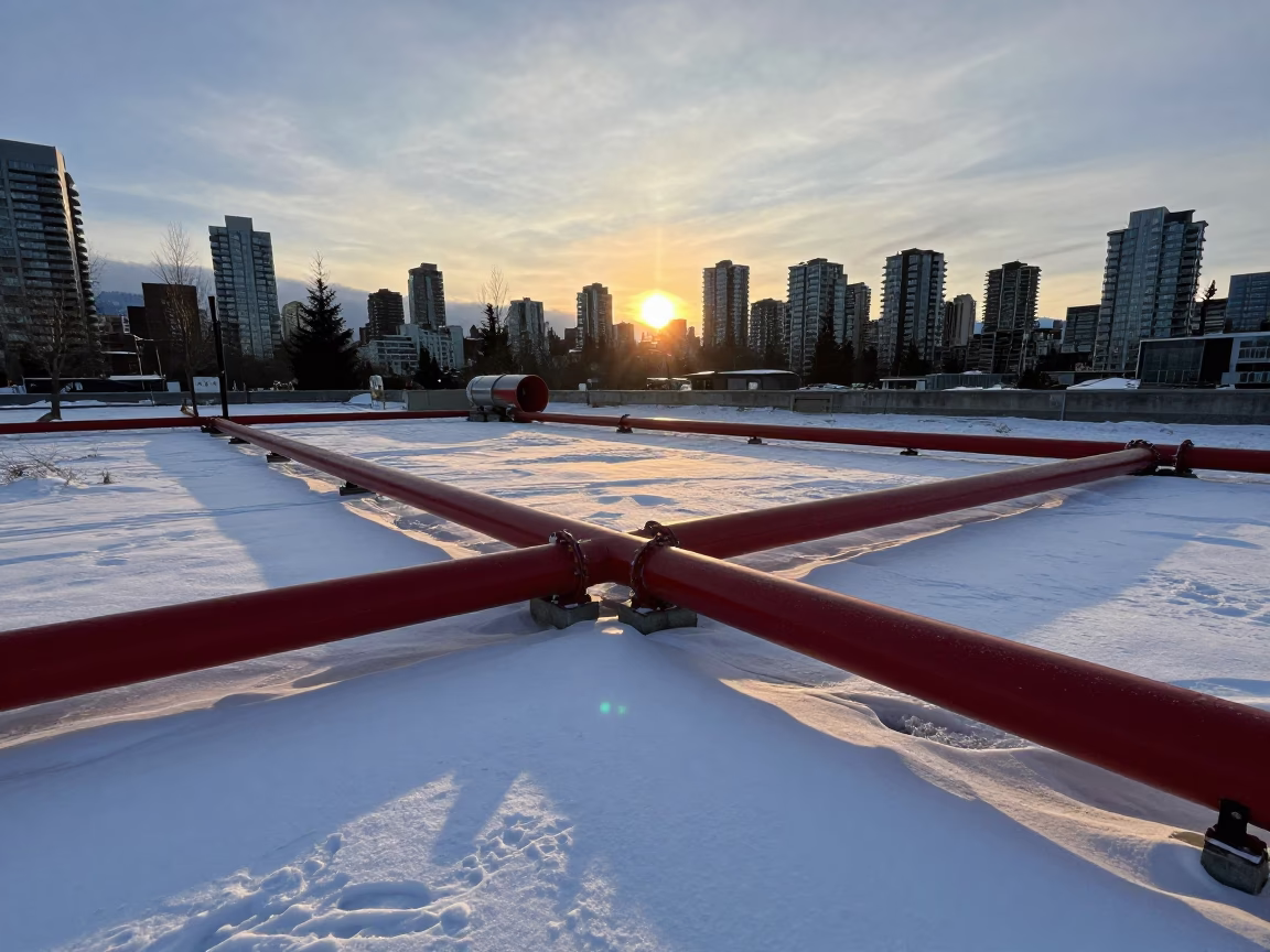Vancouver District Heating Pipes Crossing Snowy Ground at Sunset in British Columbia in in Vancouver, British Columbia, Canada