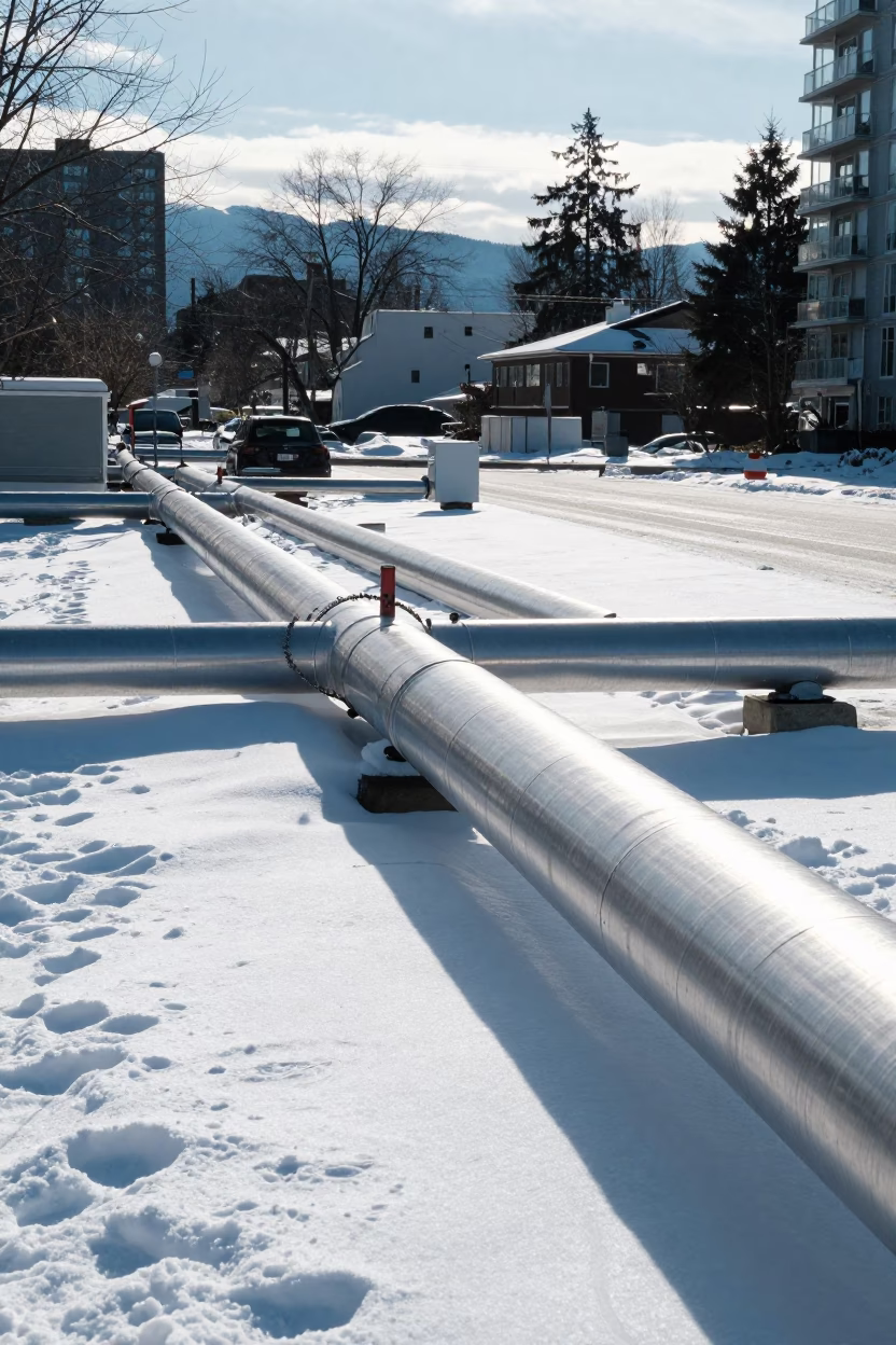 Vancouver District Heating Pipes Under Noon Sun Snowy British Columbia Street Scene in in Vancouver, British Columbia, Canada