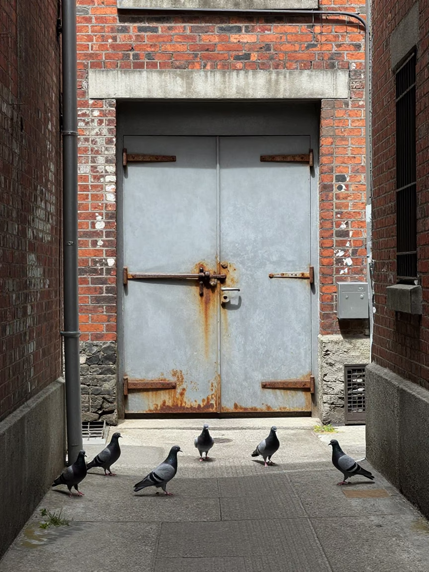 Vancouver Downtown Alleyway Noon Scene with Pigeons and Urban Decay in in Vancouver, British Columbia, Canada