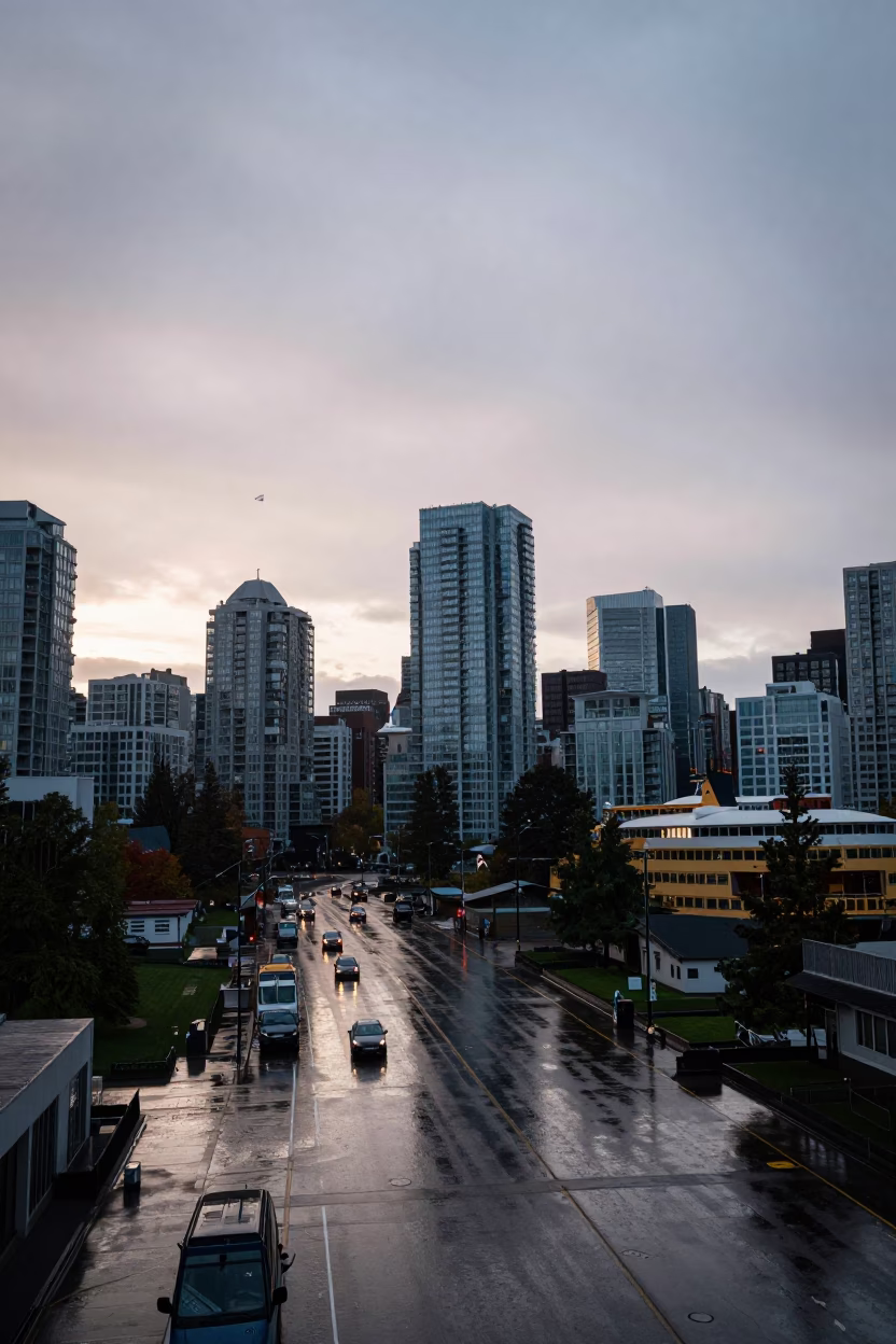 Vancouver Downtown Skyline at Dawn with Ferry and Rain Streaked Glass in in Vancouver, British Columbia, Canada