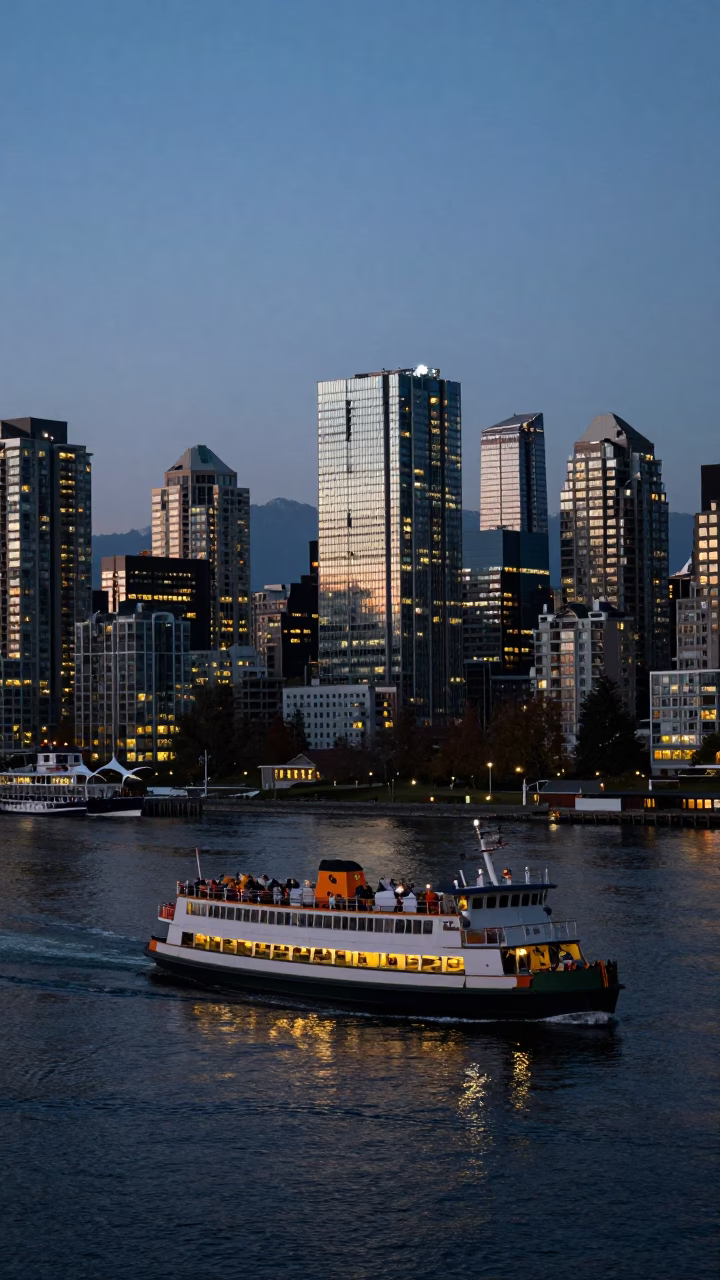 Vancouver Downtown Skyline at Twilight with Ferry Crossing and City Lights in in Vancouver, British Columbia, Canada