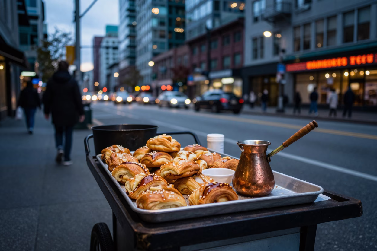 Vancouver Downtown Street Scene at Dusk with Pastries and Copper Cezve in in Vancouver, British Columbia, Canada