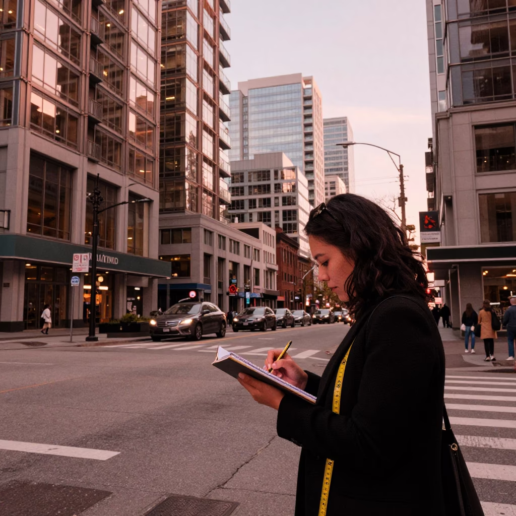 Vancouver Downtown Street Scene with Measuring Tape and Notebook in Copper Dusk Light in in Vancouver, British Columbia, Canada