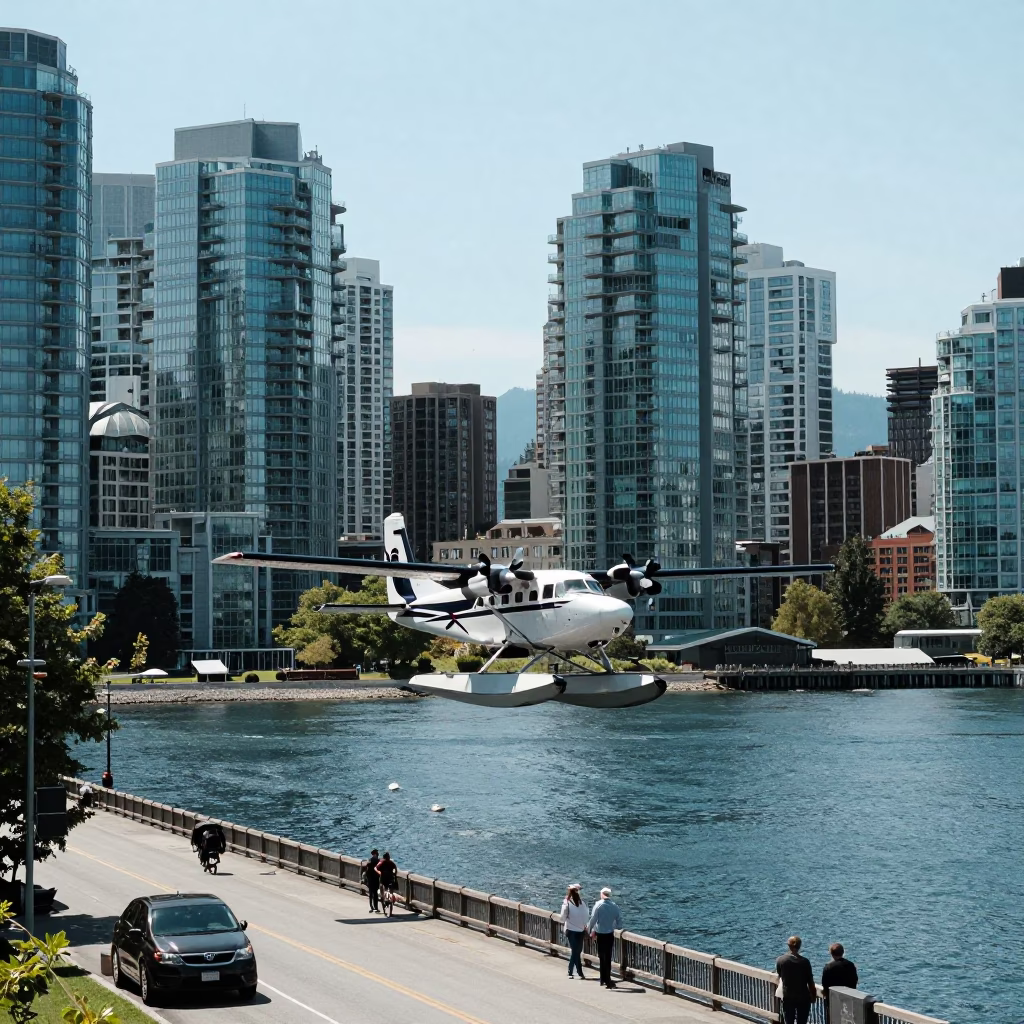 Vancouver Downtown Street Scene with Seaplane and Urban Architecture at Noon in in Vancouver, British Columbia, Canada