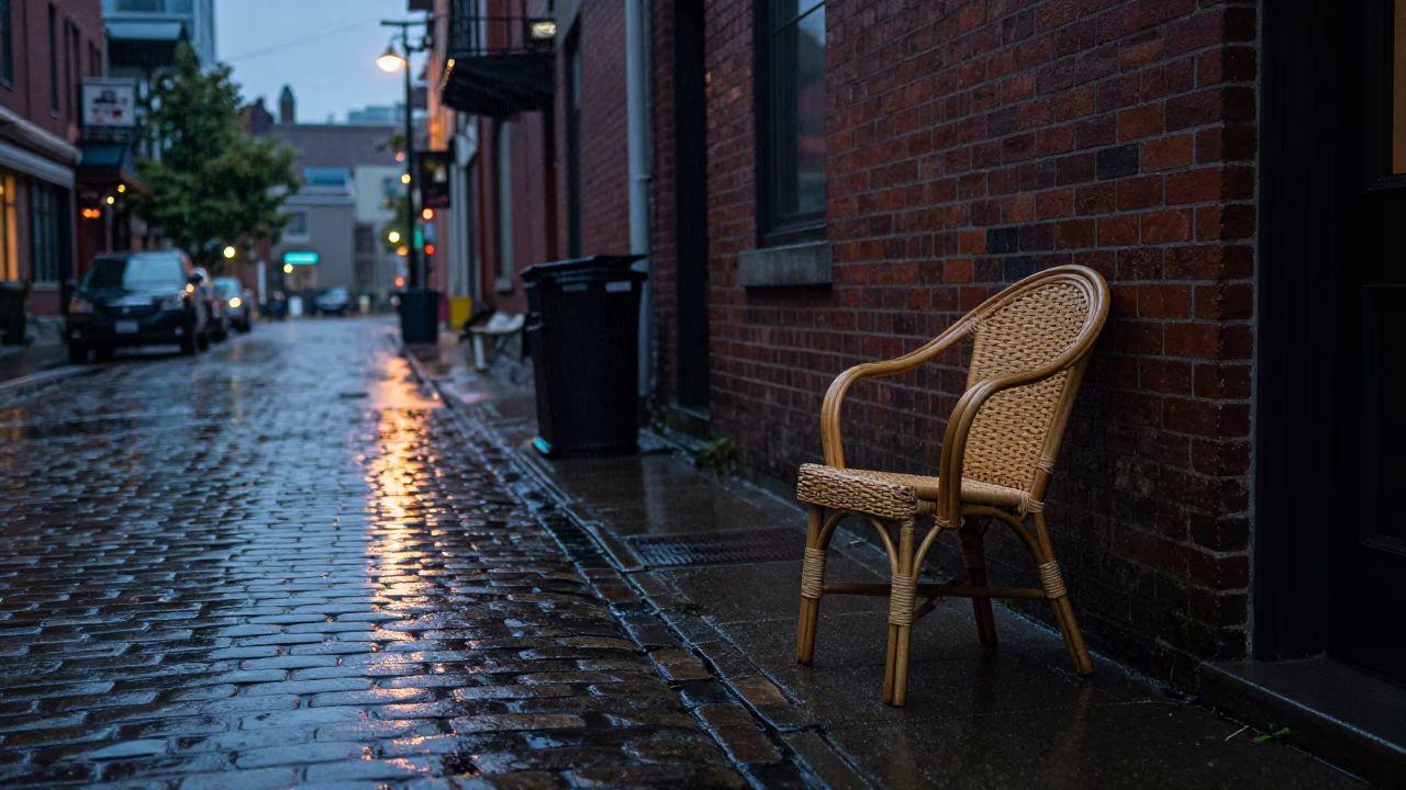 Vancouver Dusk Rain Street Scene with Rattan Chair and Cardigan in in Vancouver, British Columbia, Canada