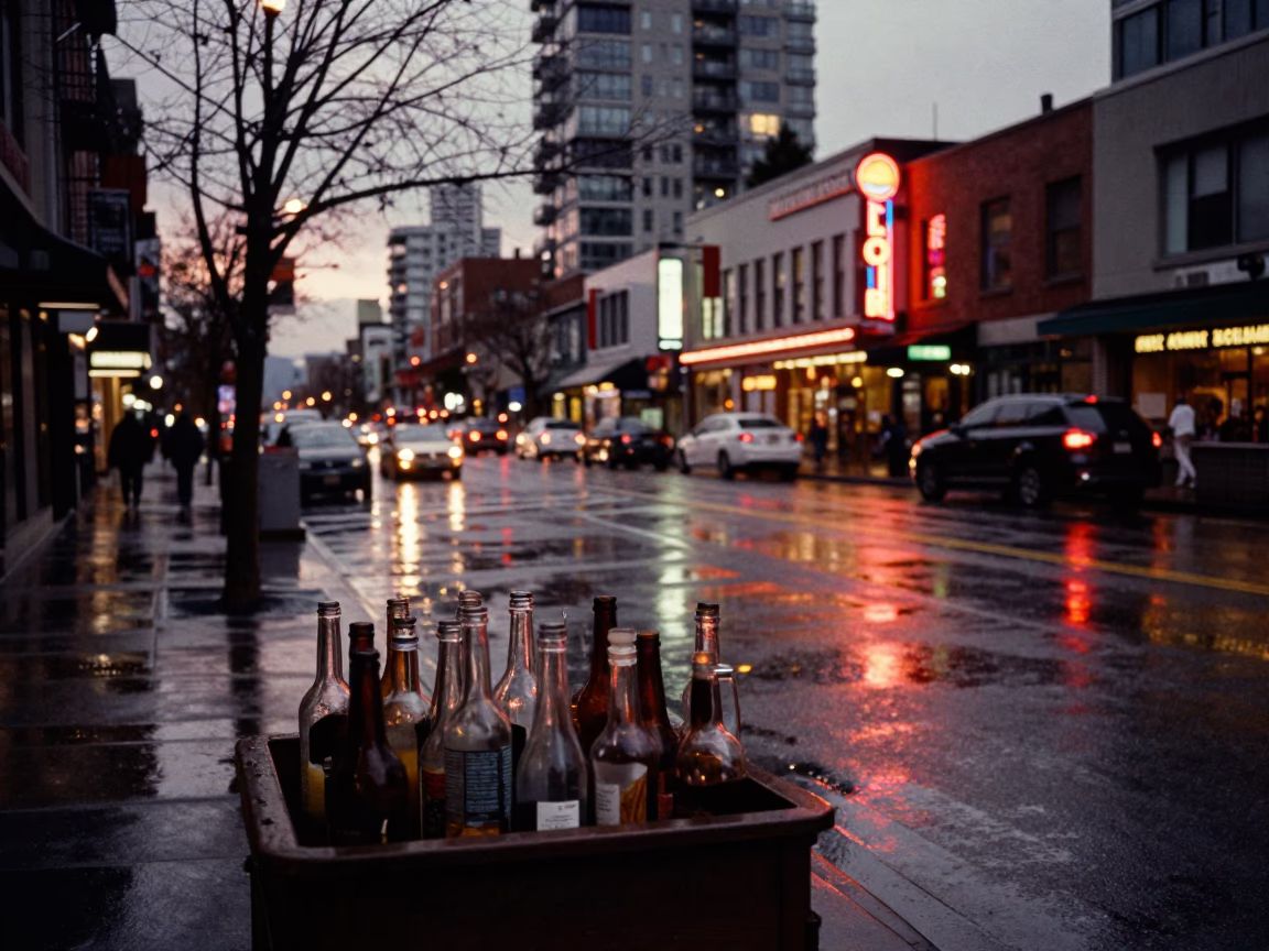 Vancouver Dusk Street Scene with Glass Bottles and Urban Elements in Copper Light in in Vancouver, British Columbia, Canada