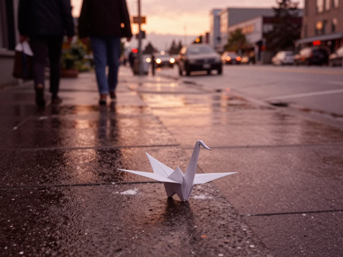 Vancouver Dusk Street Scene with Origami Crane and Flour Dust on Stone in in Vancouver, British Columbia, Canada