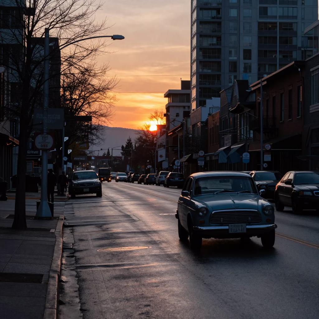 Vancouver Dusk Street Scene with Vintage Car and Urban Landscape at Sunset in in Vancouver, British Columbia, Canada
