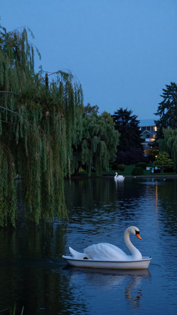 Vancouver dusk willow pond blueberries and swan pedal boat in in Vancouver, British Columbia, Canada