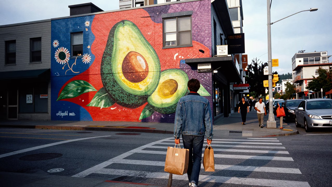 Vancouver Early Afternoon Street Scene with Mural and Avocados in in Vancouver, British Columbia, Canada
