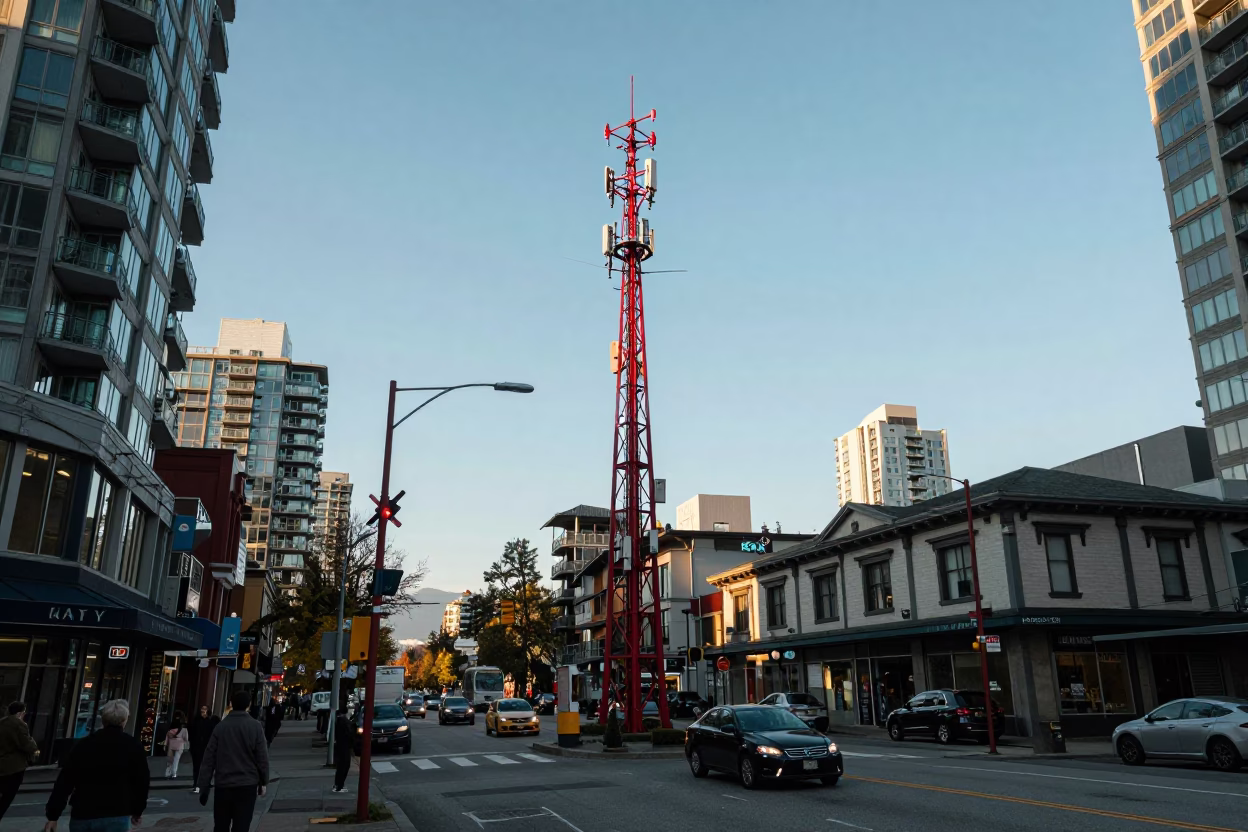 Vancouver Early Afternoon Street Scene with Red Telecommunication Mast Beacon and City Skyline Details in in Vancouver, British Columbia, Canada