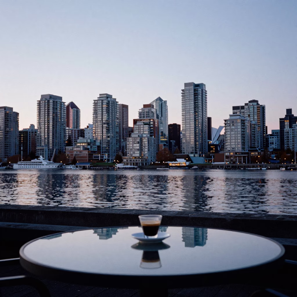 Vancouver Early Evening Skyline View with Glass Table and Espresso Cup in in Vancouver, British Columbia, Canada