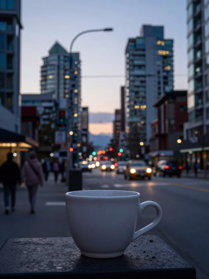 Vancouver Early Evening Street Scene with Ceramic Cup and Cargo Ship on Horizon in in Vancouver, British Columbia, Canada