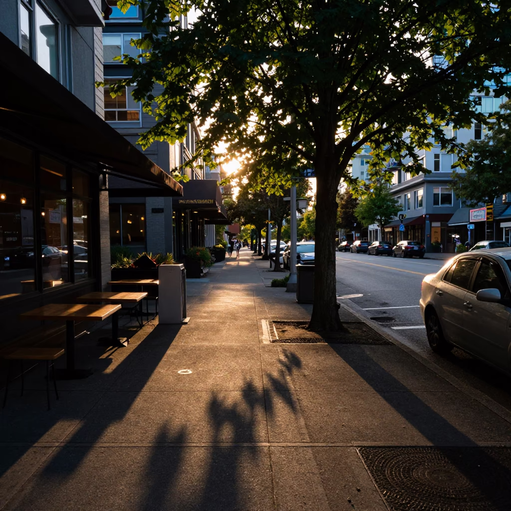 Vancouver Early Evening Street Scene with Leaf Shadows on Tiled Floor in in Vancouver, British Columbia, Canada