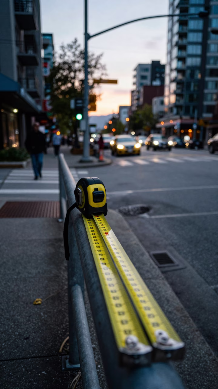 Vancouver Early Evening Street Scene with Measuring Tapes and Urban Details in in Vancouver, British Columbia, Canada