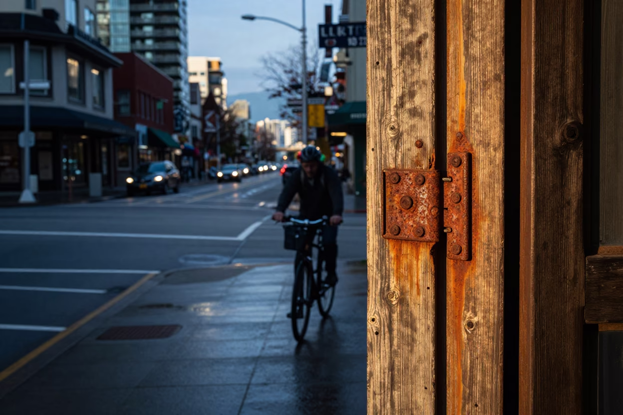 Vancouver Early Evening Street Scene with Rusty Hinge Detail and Local Atmosphere in in Vancouver, British Columbia, Canada