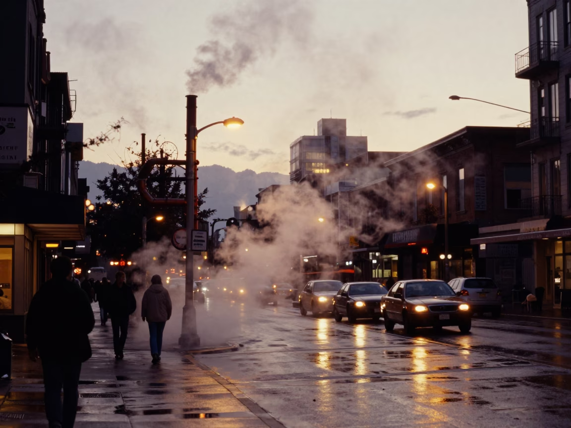 Vancouver Early Evening Street Scene with Steam Pipes and City Lights in in Vancouver, British Columbia, Canada