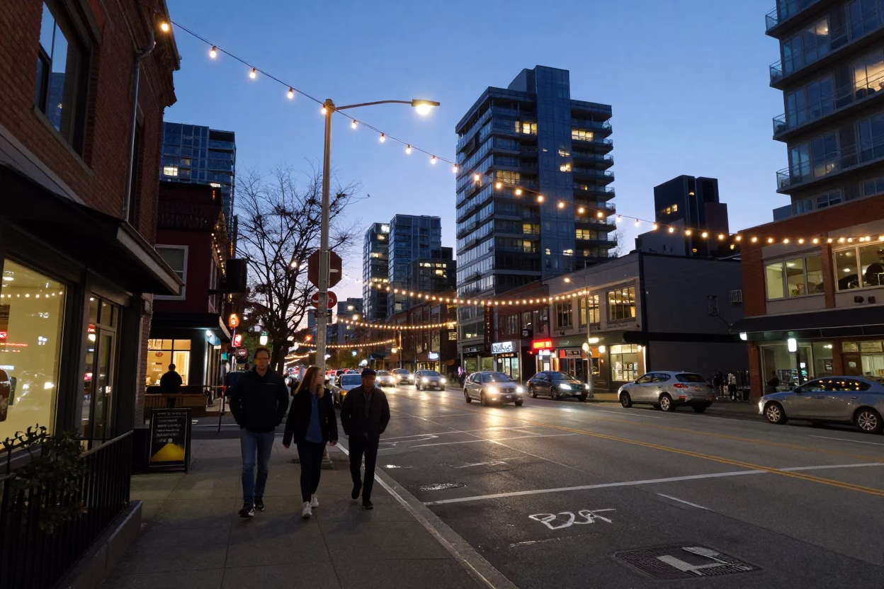 Vancouver Early Evening Street Scene with String Lights and Colorful Details in in Vancouver, British Columbia, Canada