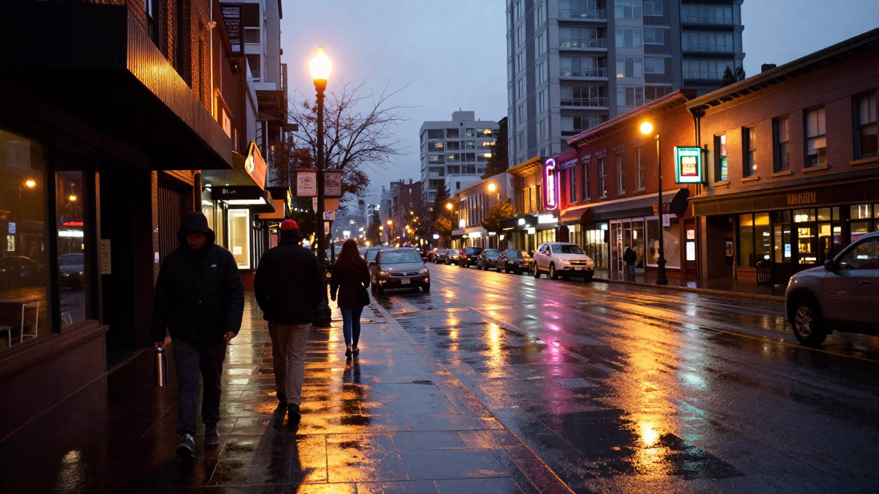 Vancouver Early Evening Street Scene with Thermos and Rain-Slicked Sidewalk in in Vancouver, British Columbia, Canada